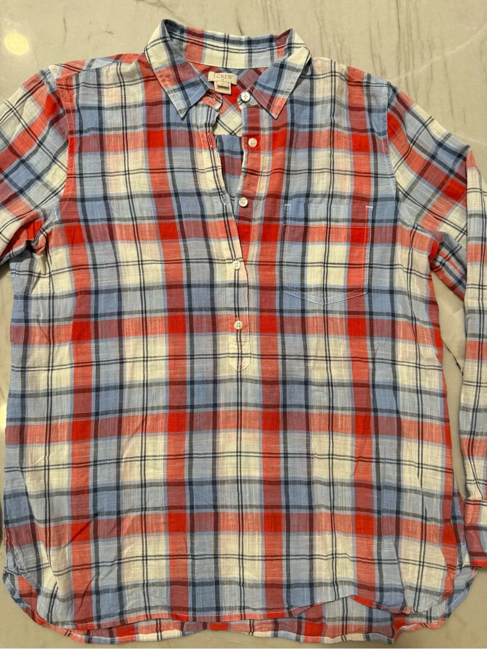 J Crew Factory Women’s Small Blue Red Plaid Gauze Cotton Popover Long Sleeve Top
